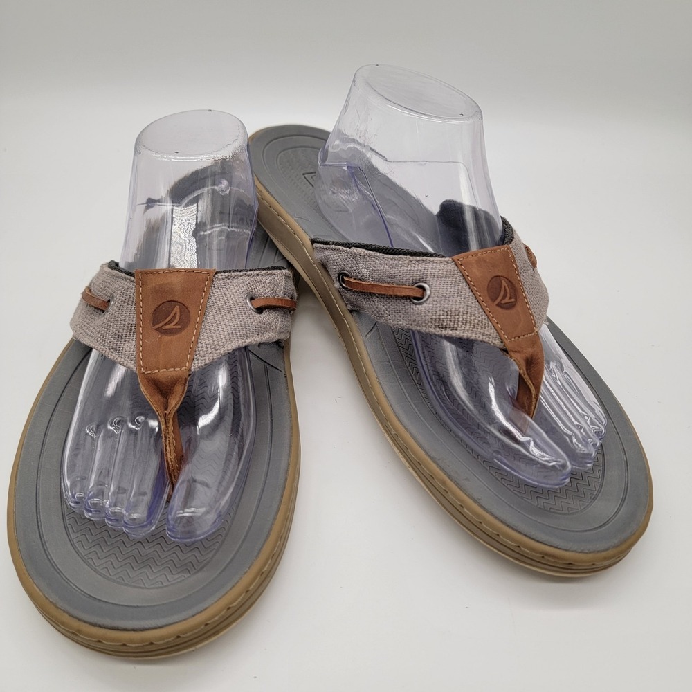 Sperry Thong Flip Flop Tan Leather/Gray Canvas Sandals 13M Model STS25231